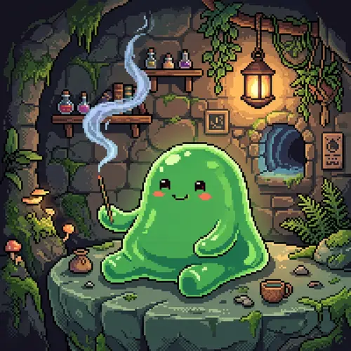 Charming Green Slime: Retro Pixel Art Relaxation