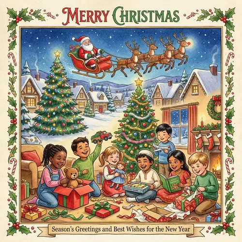 Traditional Christmas Postcard with Santa, Christmas Trees & Multicultural Children