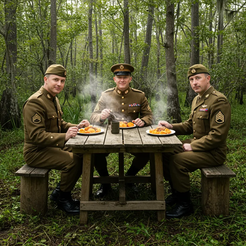 British and American Officers Enjoy Dinner at Swamps