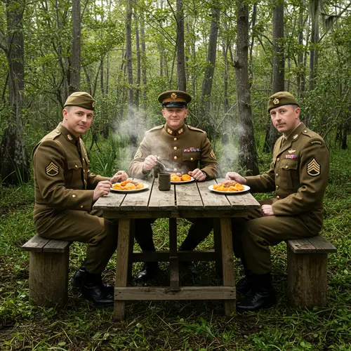British and American Officers Enjoy Dinner at Swamps