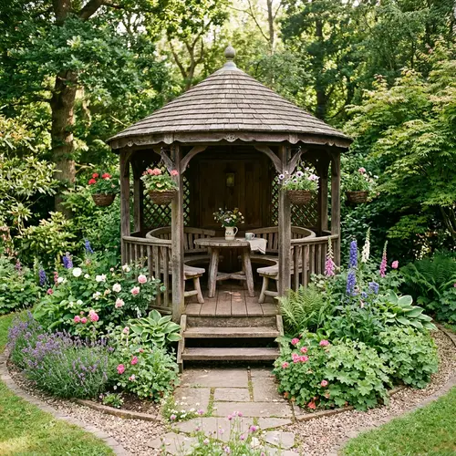 Quaint Circular Gazebo with Wooden Table & Greenery | Serene Retreat