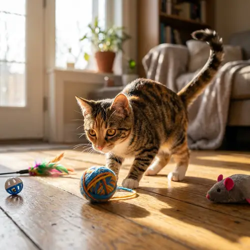 Striped Domestic Cat Playing with Toys - Camouflage Fur Pattern