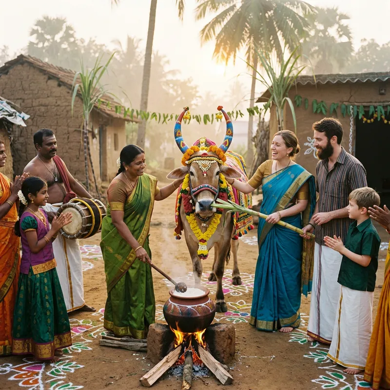 Colorful Pongal Cow in Traditional Festive Attire Colorful Pongal Cow in Traditional Festive Attire