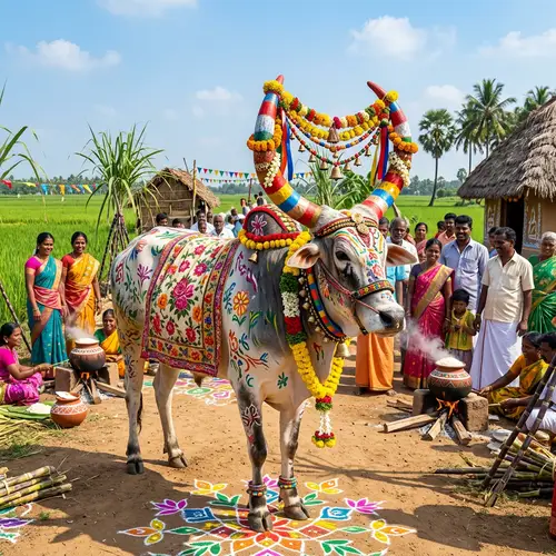 Festively Decorated South Asian Cow for Pongal Festivities