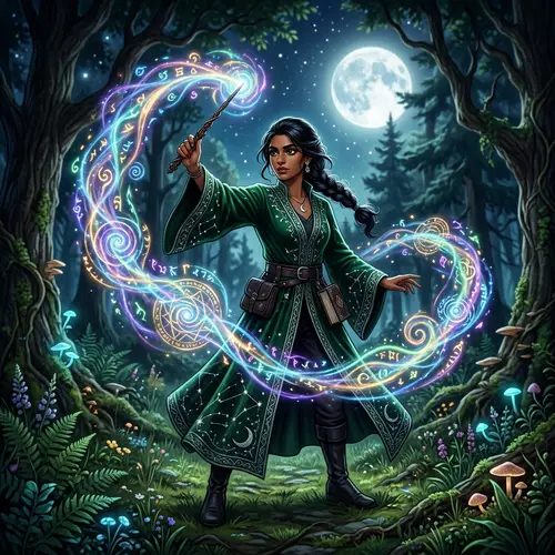 Young South Asian Female Wizard May | Enchanting Moonlit Glade