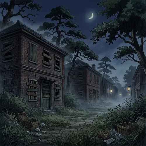 Eerie Nightscape of Old Abandoned Brick Houses and Trees