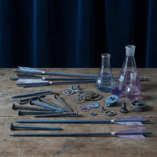 Blue, Gray, & Purple Collection of Nails, Arrows, Machinery, & Gears
