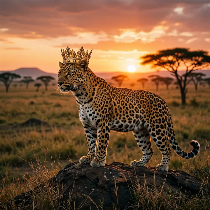 Regal Leopard with Crown in Savannah Sunset