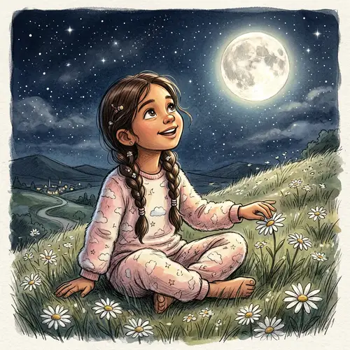 Cute Hispanic Girl Admiring Full Moon | Night Sky Sketch