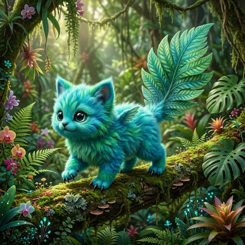 Fantasy Creature with Large Eyes and Leaf-like Tail