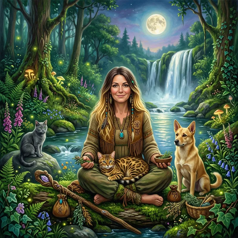 Mystical Forest Shaman with Bengal Cat and Dreamlike Scene Mystical Forest Shaman with Bengal Cat and Dreamlike Scene