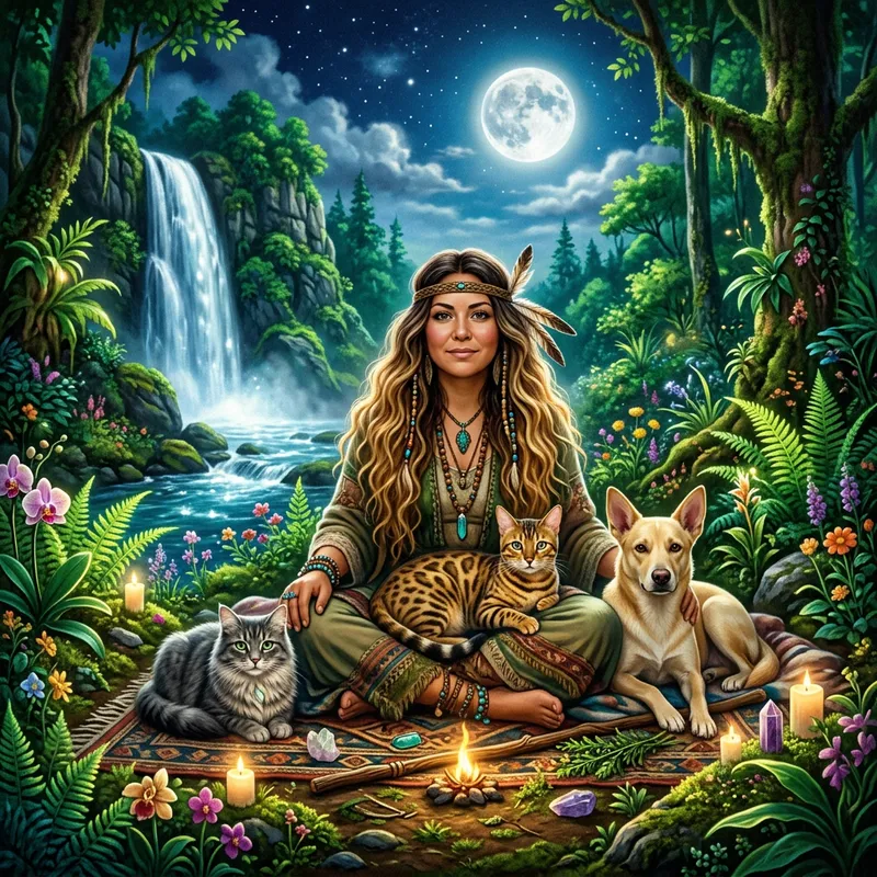 Enchantment in Lush Green Forest: Shaman, Cats, River & Moon