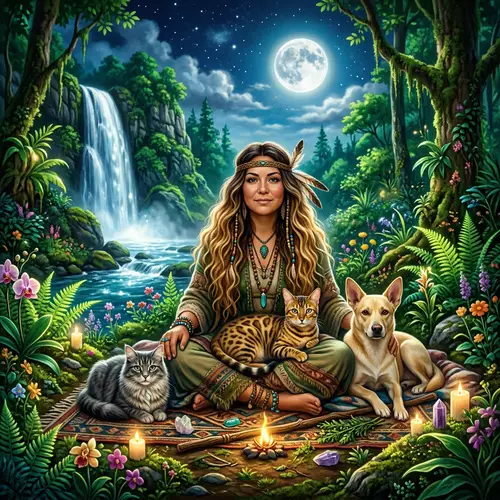Enchanting Scene: Hispanic Female Shaman in Mystical Forest