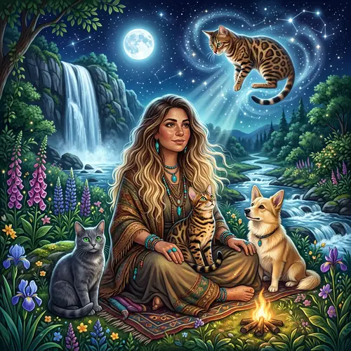 Mystical Scene with Bengal Cat and Shaman under Full Moon