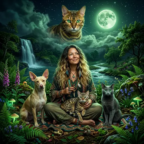 Mystical Scene with Bengal Cats, Shamanic Woman, Russian Blue Cat, and Creole Dog