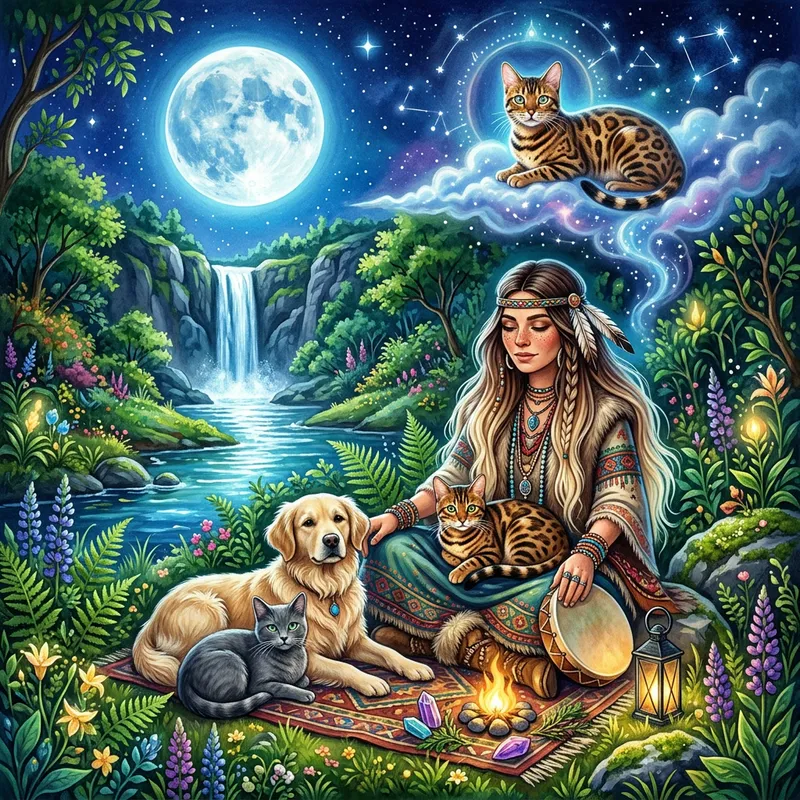 Mystical Bengal Cat Observing Shaman Woman in Nature Scene