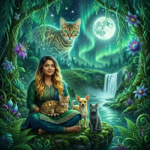 Celestial Bengal Cat Watching Female Shaman in Verdant Forest