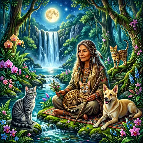 Hispanic Female Shaman in Mystical Forest with Bengal Cats