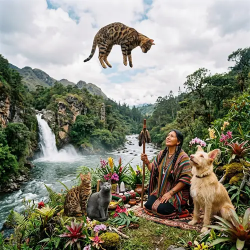 Bengal Cat and Shaman Woman Surrounded by Animals and Nature