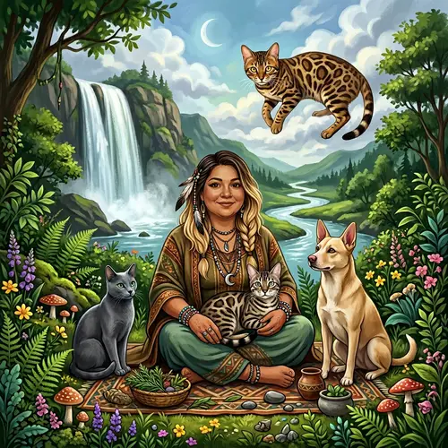 Mystical Scene with Bengal Cat, Shaman, and Animals