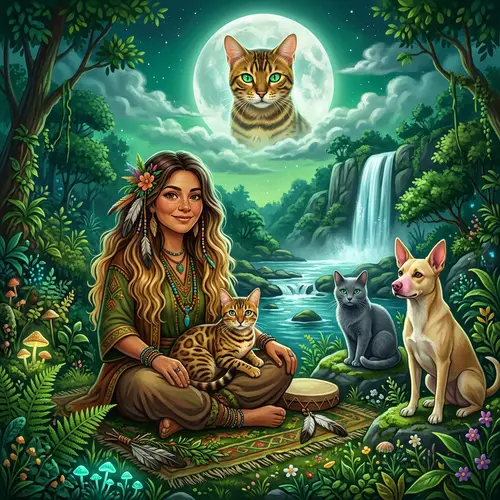 Golden Bengal Cat and Shaman Woman Among Nature's Beauty