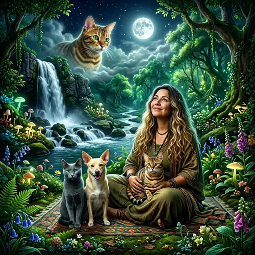 Golden Bengal Cat with Shaman Woman and Animal Companions in Lush Natural Setting