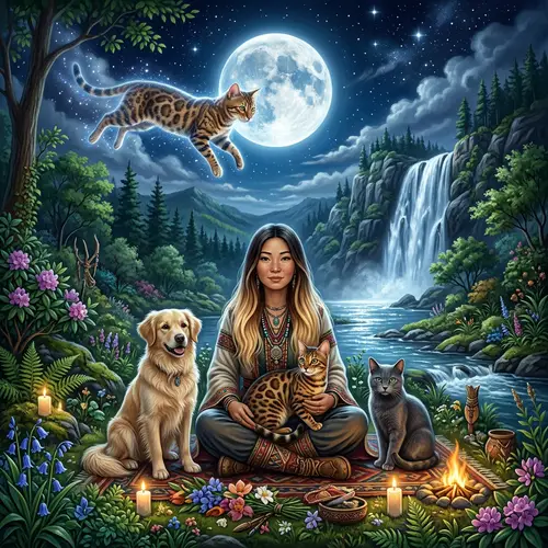 Mystic Bengal Cat Observing Asian Shaman Woman with Animals in Nature