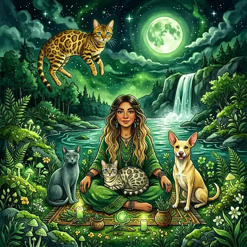 Golden Bengal Cat and Shaman Woman: Enchanting Nature Scene