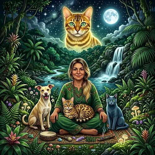 Golden Bengal Cat and Shaman Woman in Harmonious Nature Setting