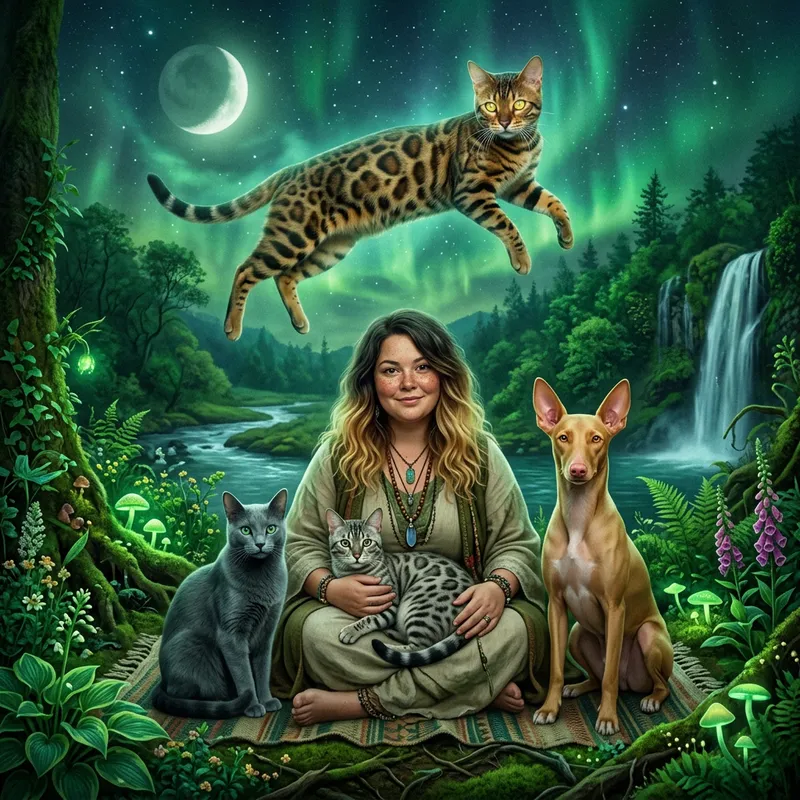 Enchanting Bengal Cat Shamanic Scene with Healing Elements