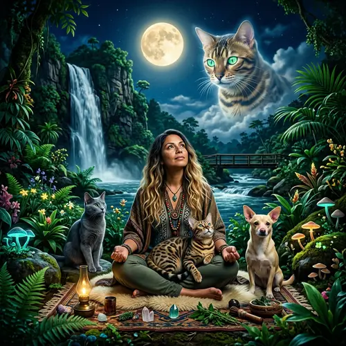 Golden Bengal Cat and Shaman Woman | Ethereal Nature Scene