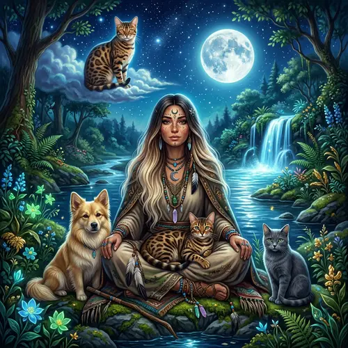 Mystical Scene with Bengal Cat and Shaman Woman