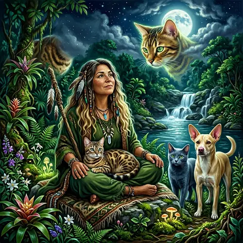Enchanting Scene: Shaman Woman with Bengal Cat and Russian Blue Cat