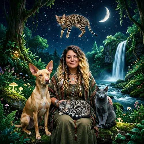 Midnight Sky Scene with Bengal Cats, Shamanic Woman, and Companions