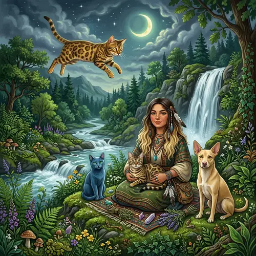 Bengali Cat and Shaman Healer Woman in Ethereal Nature Scene