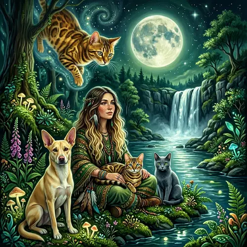 Golden Bengal Cat and Shaman Woman in Green Tones