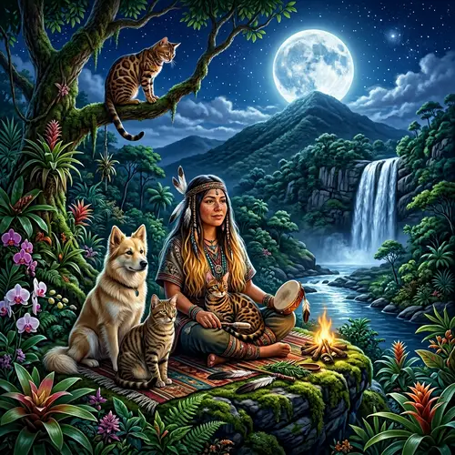 Mystical Scene with Bengal Cat, Shamanic Woman, and Animals in Nature