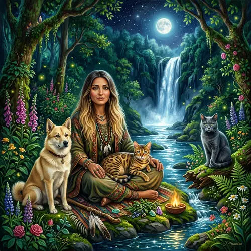 Mystical Forest Scene with Middle-Eastern Shaman and Animal Companions