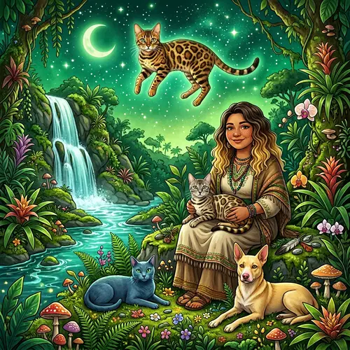 Enveloped Scene with Bengal Cat, Healer Woman, and Lush Nature