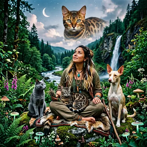 Female Shaman and Healer of Hispanic Descent with Bengal Cats and Other Pets in Serene Green Setting