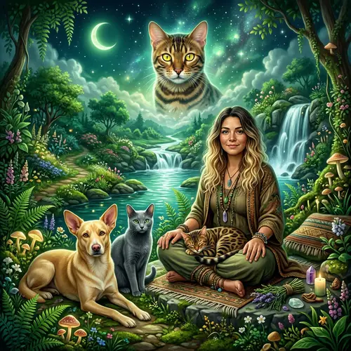 Healing Woman with Bengal Cat, Russian Blue Cat, and Dog in Abundant Nature Scene