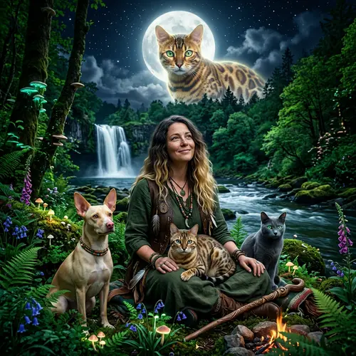 Golden Bengal Cat and Shaman Woman in a Green Tone Scene