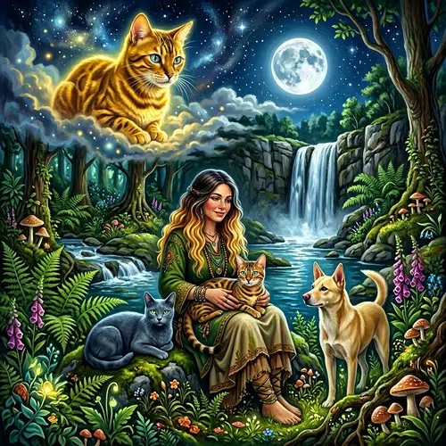 Golden Bengal Cat Observing Shamanic Woman with Animals in Enchanted Landscape