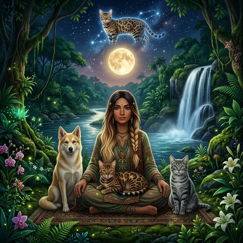 Mystic Scene with Bengal Cat, Shaman Woman, and Animals in Nature