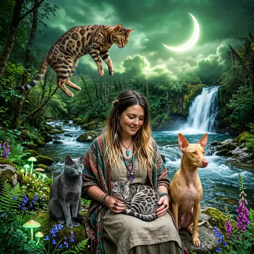 Enchanting Scene with Woman, Bengal Cat, and Russian Blue Cat