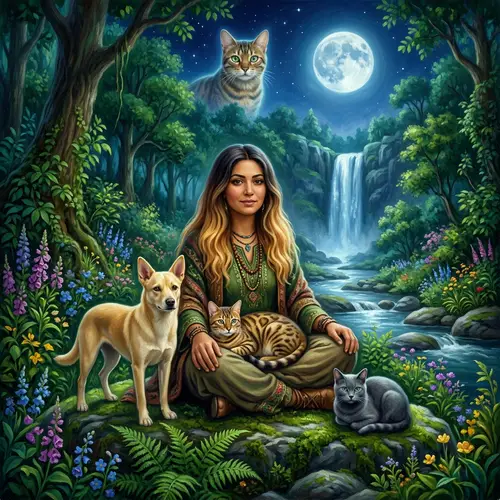 Mystical Middle-Eastern Female Shaman and Her Animal Companions in Enchanted Forest