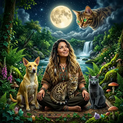 Golden Bengal Cat and Shaman Woman in Enchanted Forest