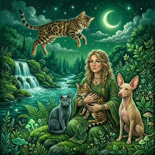 Bengal Cat and Shaman Woman in a Green World