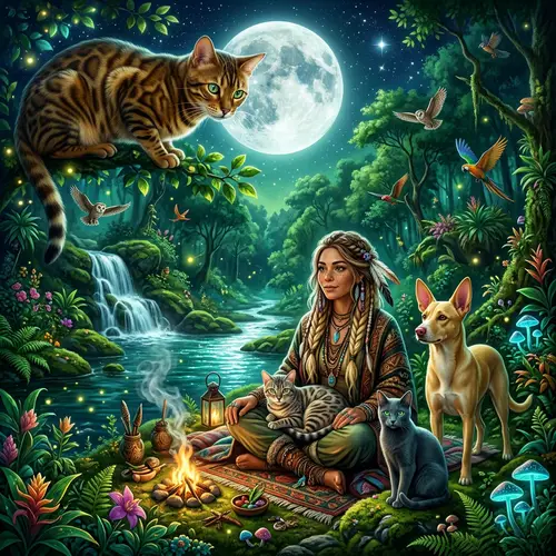 Enchanting Scene with Shaman Woman and Animals in Vibrant Setting