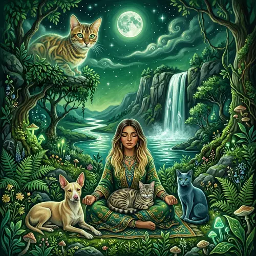 Enchanting Scene with Bengal and Russian Cats, Shamanic Woman, and Creole Dog